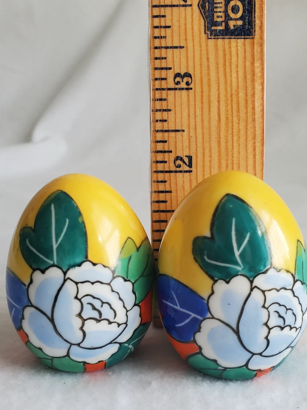 Vintage Japan Hand Painted Yellow Floral Egg Salt Pepper Shaker Set Retro Artsy